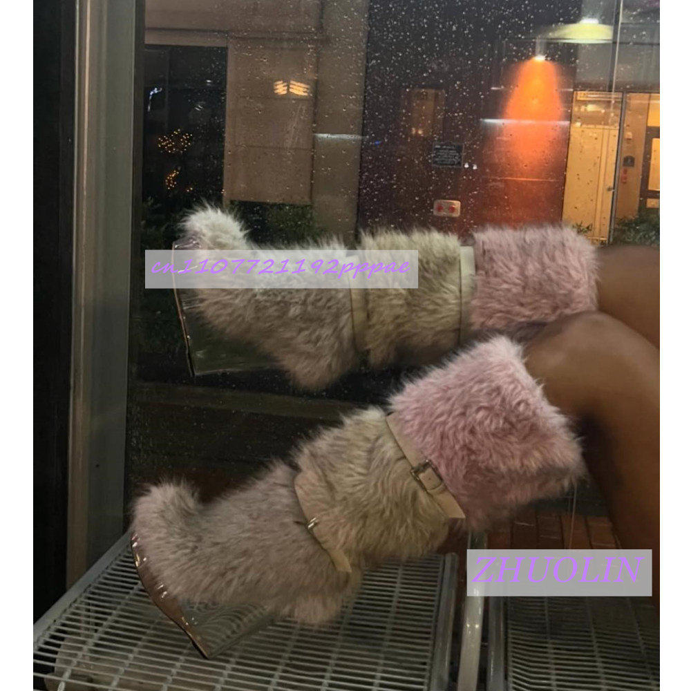 Leather Classic Strap - Botas de cuña transparentes peludas con